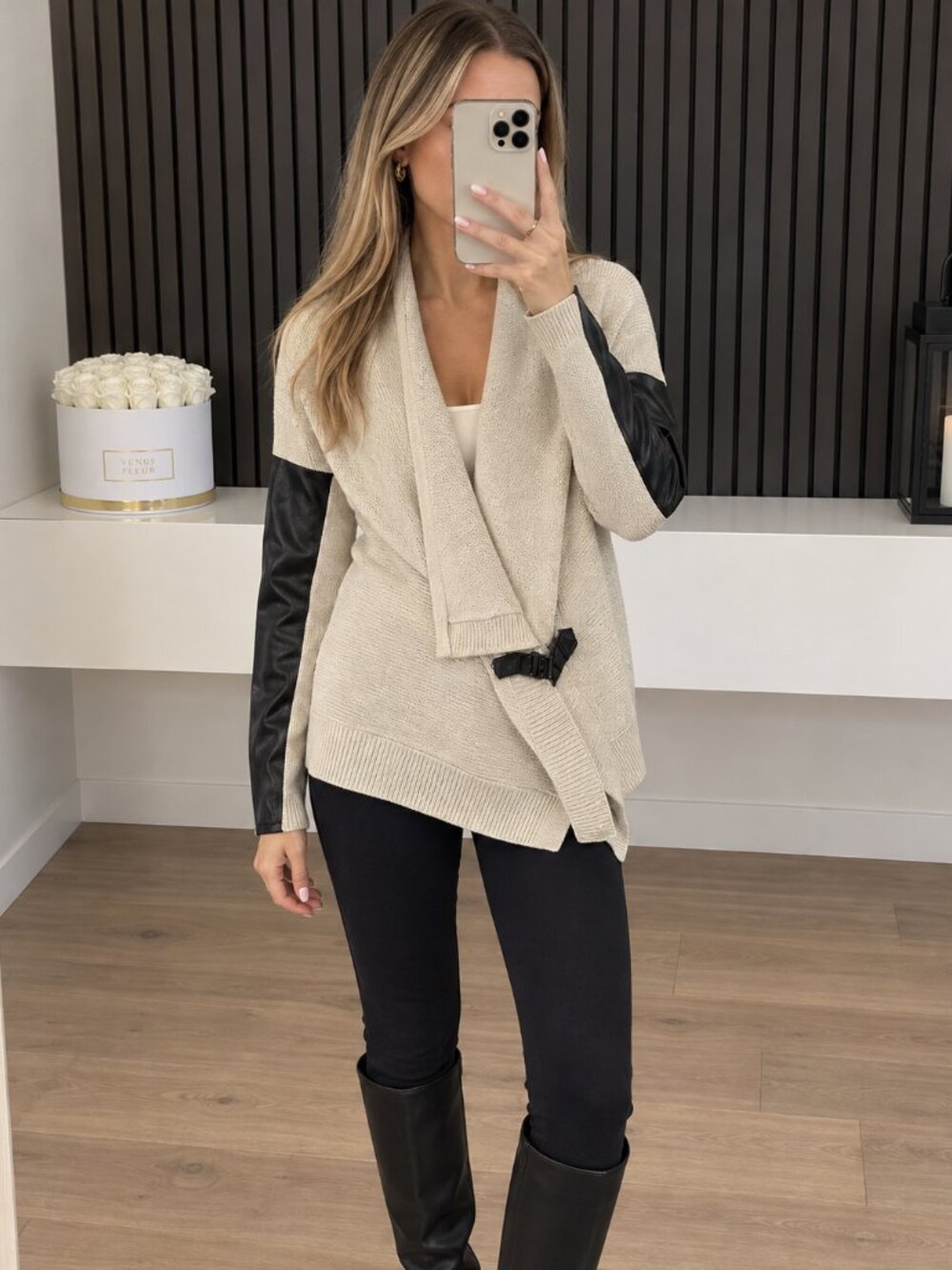 Ella Moss cream knit cardigan w/Faux Leather & sleeves